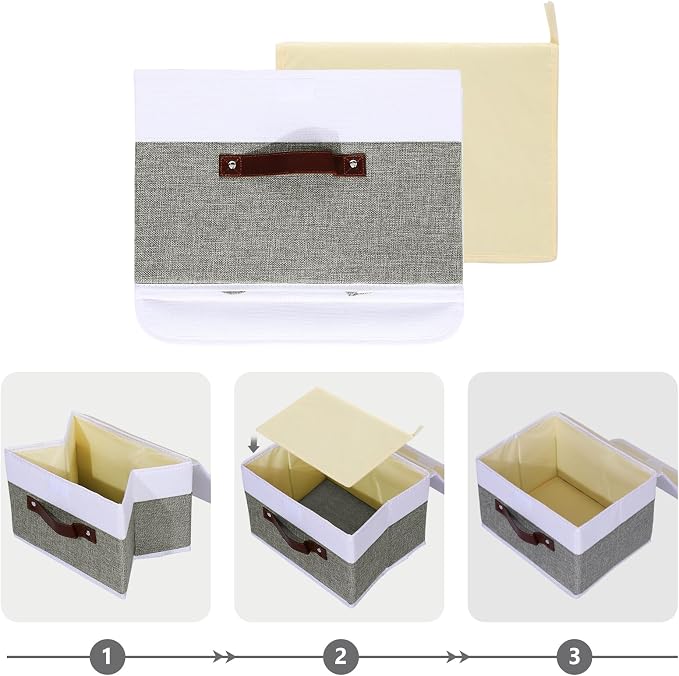 ANMINY Fabric Storage Box Bins with Lids, Gray White, 13"x9"x7.9", 2 Pack | Keepsake Memory Storage, Cotton Linen, PP Board Reinforced, Washable, PU Handles, Foldable & Stackable, Decorative, Medium