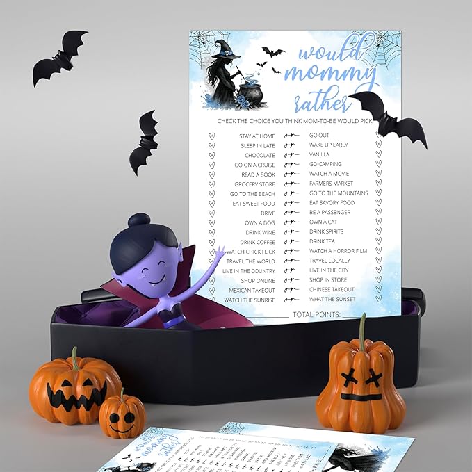 Hilarious Baby Shower Games, 25 Sets Halloween Would Mommy Rather, Blue Witch Gender Reveal Party Game Cards for Baby Announcement Supplies - B05