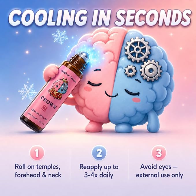 Crown Cooling Migraine and Muscle Aromatherapy Roll-On - Menthol, Magnesium, Bing Pian & Chuan Xiong Evidence-Based Blend | Lavender-Free | 10mL