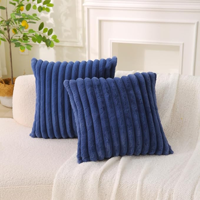 Decorative Throw Pillow with Inserts, Set of 2 Soft Faux Fur Throw Pillows, Square Boho Striped Pillow for Couch, Bed, Sofa Decor (Blue, 18" x 18"(Pack of 2))