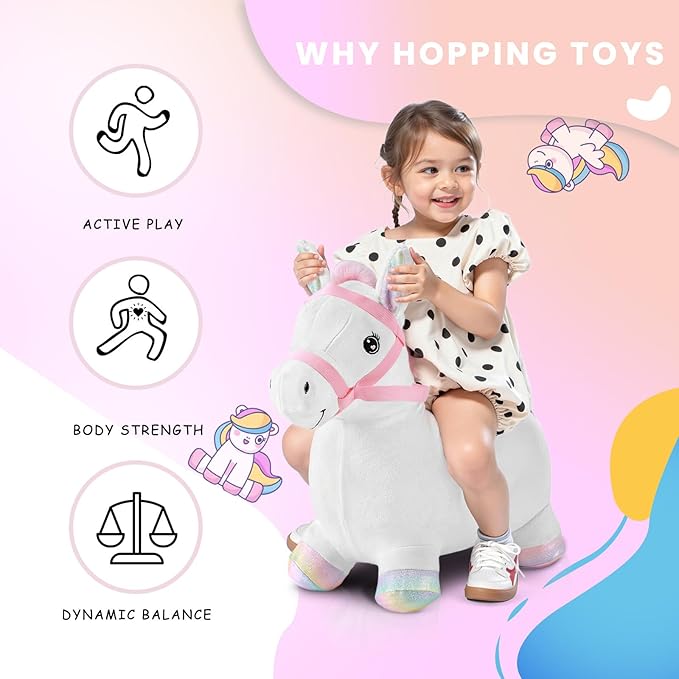 Hopper Toy 2 Year Old Boy, Toddler Plush Bounce Animals, Ride on Bouncing Plush Inflatable Horse, Outdoor Indoor Hopping Horse Bouncer, Birthday Gifts for 18m -5 Years Old Kid (White)