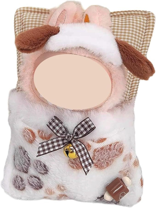 Pajama for Labubu, 2pcs Clothes Accessories Set for 17cm Doll, Plush Sleep Bag and Cute Sleeping Hat Nightcap Hairpin, Animal Kawaii Costume Outfits Collection (No Doll Included) (Brown Dog Set)