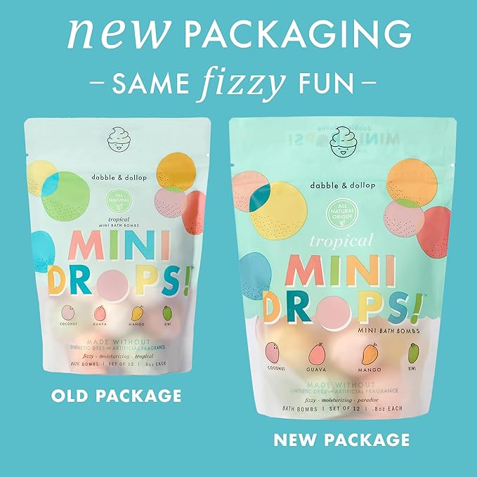 Dabble & Dollop Mini Bath Bombs, 100% Natural Droplets for Kids, Tropical Scents - Resealable Pouches, Fizzy, Moisturizing & Fun, Vegan, Gluten-Free, Cruelty-Free (Set of 24)
