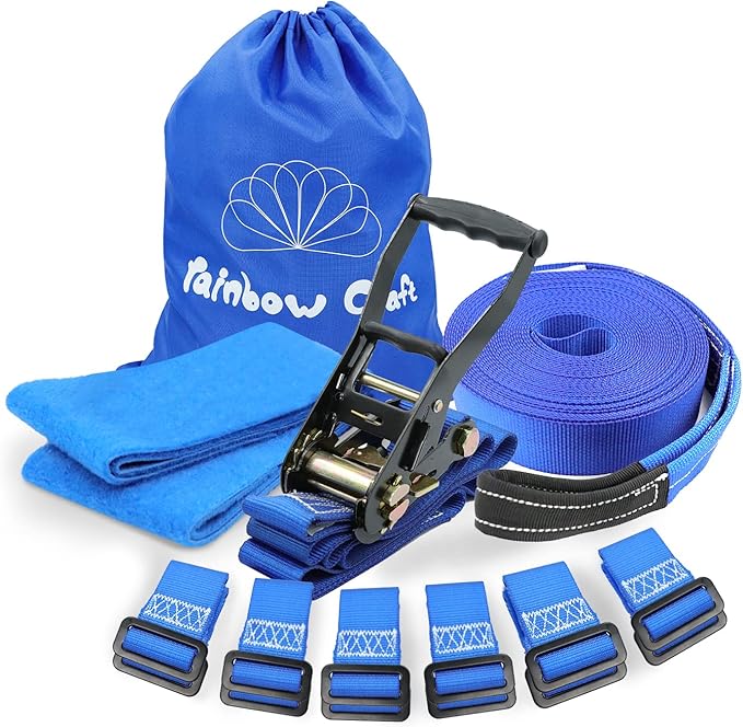 Rainbow Craft Ninja Warrior Obstacle Course for Kids - 50ft Slackline, 12 Removable Buckle Loops, 12 Ninja Attachments, Outdoor Training Equipment
