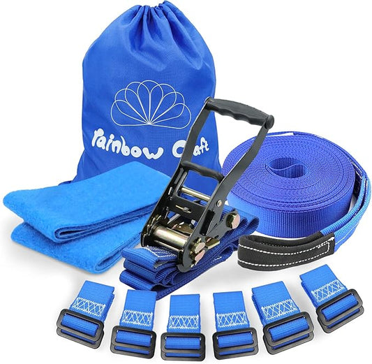 Rainbow Craft Ninja Warrior Obstacle Course for Kids - 50ft Slackline, 12 Removable Buckle Loops, 12 Ninja Attachments, Outdoor Training Equipment