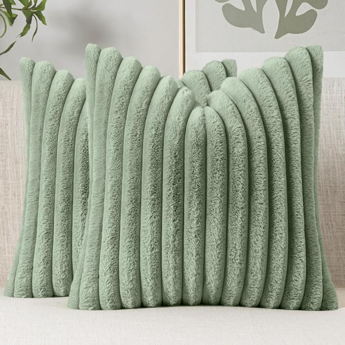 MIULEE Faux Fur Decorative Euro Sham Pillow Covers 24x24 Sage Green 2 Pack | Modern Soft Plush Couch Pillows, Cozy Fluffy Cushion Covers for Sofa Bed Living Room Home Decor