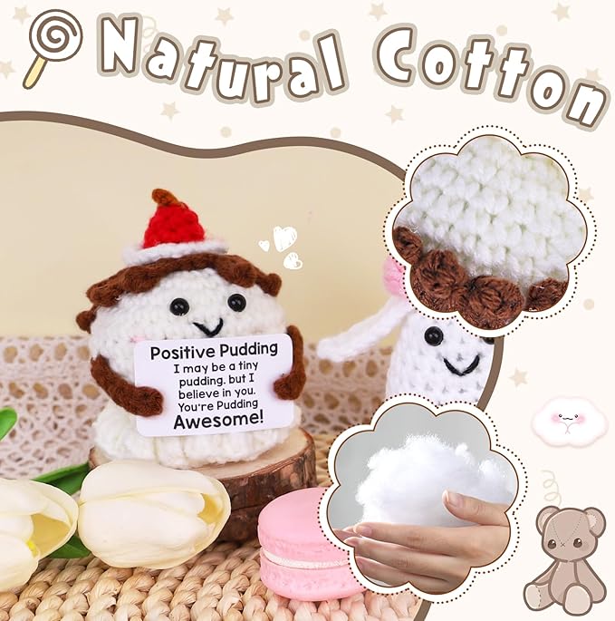 PARTY TONIGHT Mini Positive Crochet Animal Inspirational Gifts, Handmade Positive Pudding Crochet with Inspirational Card Positive Emotional Support Gift for Women Men Teacher Birthday Gift