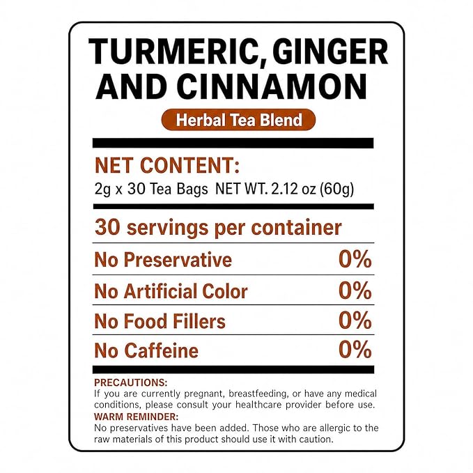 AIGGGO Turmeric Ginger Cinnamon Tea Bags, Digestive Support, 30 Count | Natural turmeric, ginger and cinnamon blend for digestive support and immune wellness, no sugar, vegan and gluten-free