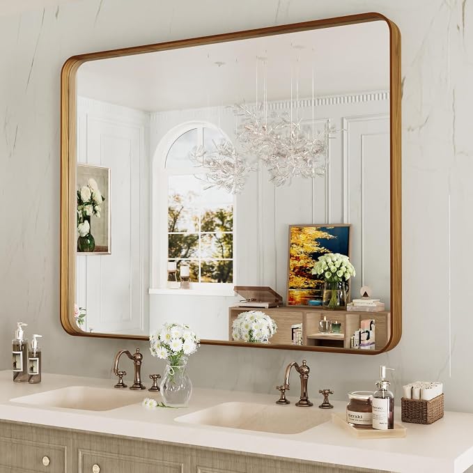 LOAAO 40X36 Inch Bathroom Mirror with Wood Grain Colored Metal Frame, Rounded Rectangle Metal Framed Bathroom Mirror, Anti-Rust, Hangs Horizontally or Vertically, Tempered Glass | Rounded Rectangle Metal Framed, Anti-Rust, Hangs Horizontally or Vertica...