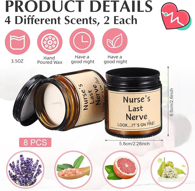 MTLEE 8 Pcs Nurses Gifts Bulk for Women, Nurse's Last Nerve Scented Candles 3.5 oz Candle CNA Gifts for Christmas Women Female Graduation Birthday Present