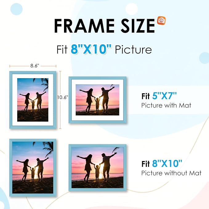 FIXSMITH 8x10 Picture Frame Set of 2, Blue Photo Frame with HD Plexiglass, Display Pictures 5x7 with Mat or 8x10 Without Mat Multi Picture Frames Collage for Tabletop or Wall Display