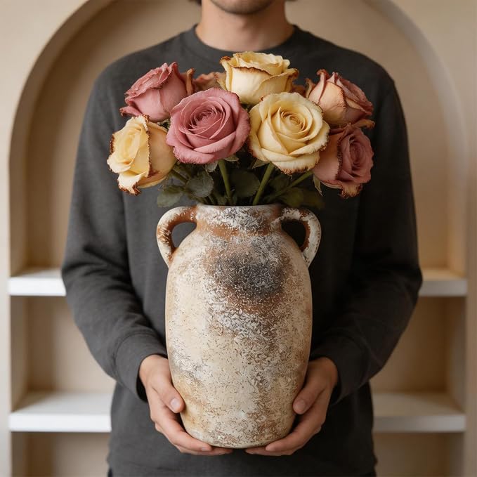 Ceramic Flower Vase, 9.8" Rustic Farmhouse Vase with Glazed Interior, Decorative Pottery Vase for Fresh Flowers, Eucalyptus, Dining Table Centerpiece, Entryway and Mantel Decor