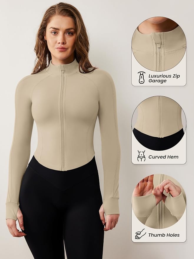 AVGO Women's Workout Jacket Lightweight Zip Up Cropped Yoga Jackets Slim Fit Athletic Tops with Thumb Holes