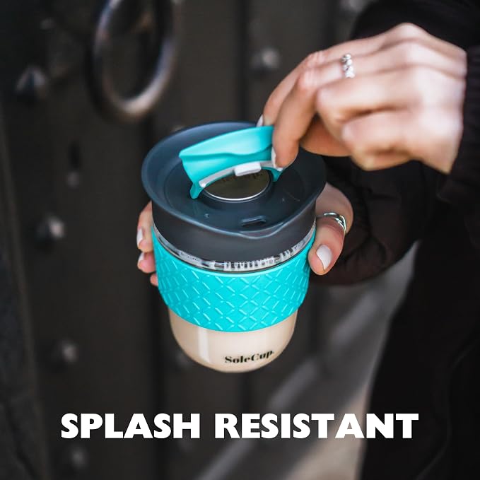 Travel Mug Loose Tea Infuser - Detachable Tea Strainer with Spillproof Lid - BPA-Free Reusable Glass Travel Coffee Cup with Silicone Band (Red, 12oz)