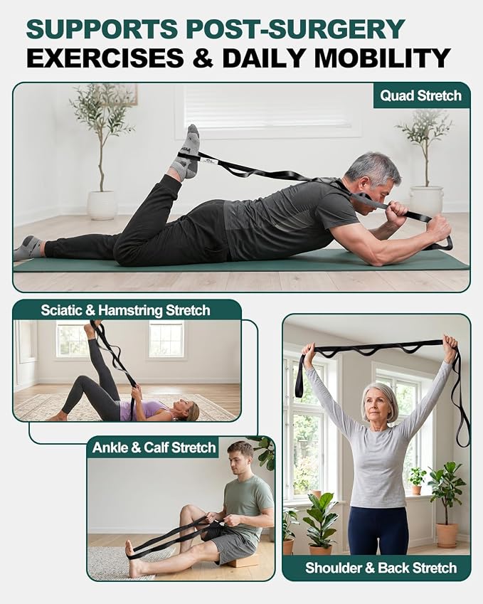 Trideer Non-Elastic Stretching Strap with Loops for Physical Therapy & Rehab, Knee Hip Leg ROM Post-Surgery, Yoga Strap for Stretching, Leg Lifter Strap Mobility Aid, Hamstring Calf Back