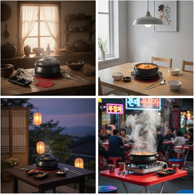 7 Pcs Korean Stone Pot Set with Lid & Tray, Black Ceramic Dolsot for Bibimbap Ramen Soup, Includes 304 Stainless Steel Spoon, Chopsticks, Heat Resistant Tongs, Silicone Trivet & Condiment Dish