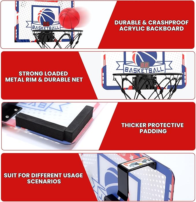 EagleStone Mini Indoor Basketball Hoop with Scoreboard,4 Balls & Pump,Over The Door Bedroom Office Basketball Hoop for 6 7 8 9 10 11 12+ Year Old Kids Boys
