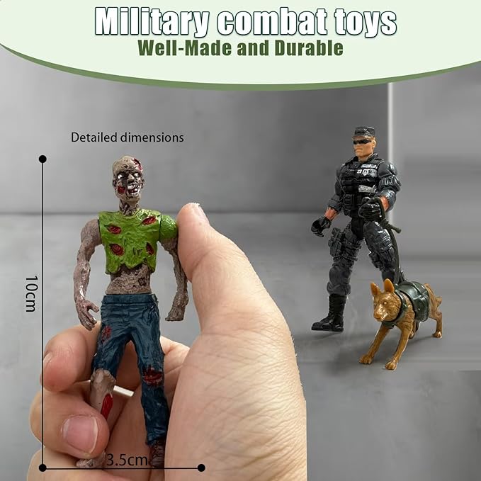 6 Army Men VS 6 Zombie Action Figures, Realistic Military Playset with Weapons 2 Dog Figures, Halloween for Boys 4-7 (14PCS)
