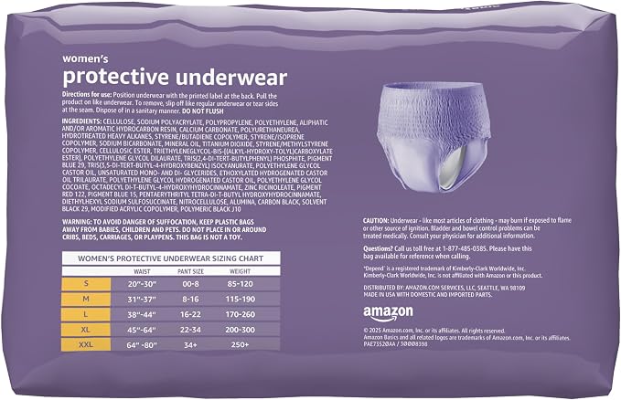 Amazon Basics Maximum Absorbency Postpartum Incontinence Underwear for Women, Protective, Disposable, Fresh Protection, Bladder Leak Protection, Small, Lavender, 24 Count