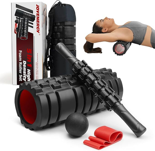 JOYENERGY 5 in 1 Foam Roller Set High Density Foam Roller Patented, Massage Stick, Massage Ball, Resistance Band for Deep Muscle Massage Pilates Yoga, Fitness for Trigger Point Release
