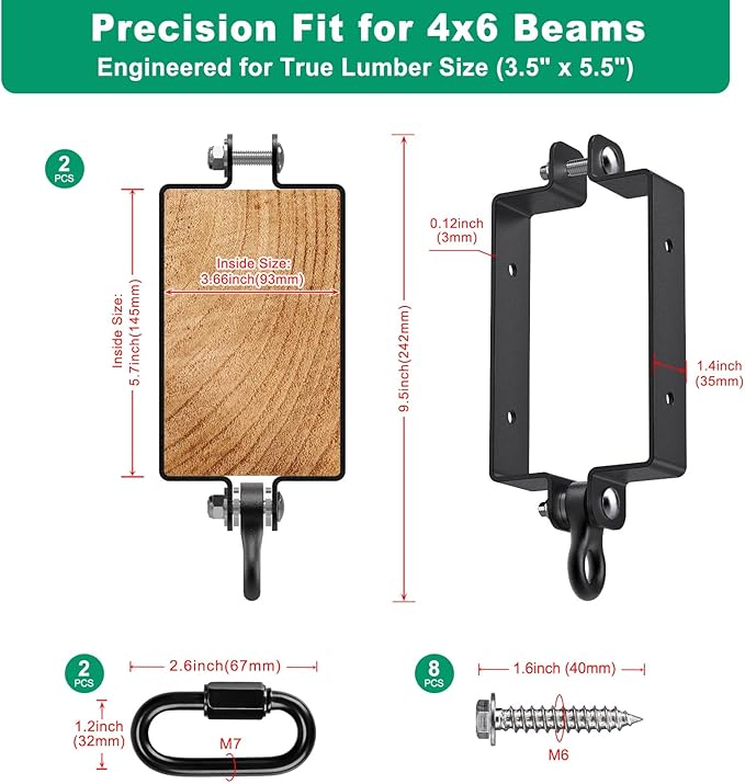SELEWARE Heavy Duty Swing Hangers, 800lb Capacity Swing Set Accessories for 4x6 Wood Beam, Rust-Proof Metal Porch Swing Hanger for Playground, Porch Swing, Hammock & Punching Bag (Black, 2 Pcs)