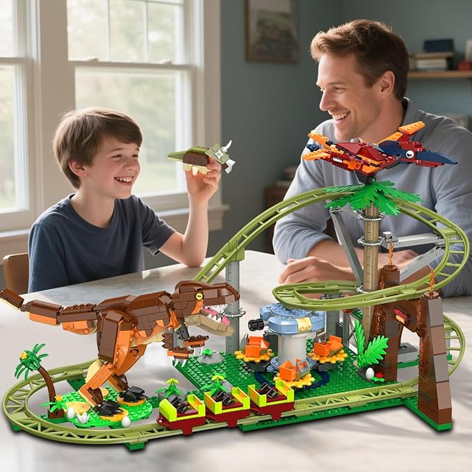 HOGOKIDS Dinosaur Roller Coaster Building Set - 1222PCS Rollercoaster Building Toy with 4 Dinosaur, Off-Road Vehicle, Food Cart, Dinosaur Models Playset Gift for Adults Kids Girls Boys Ages 8-12 Year