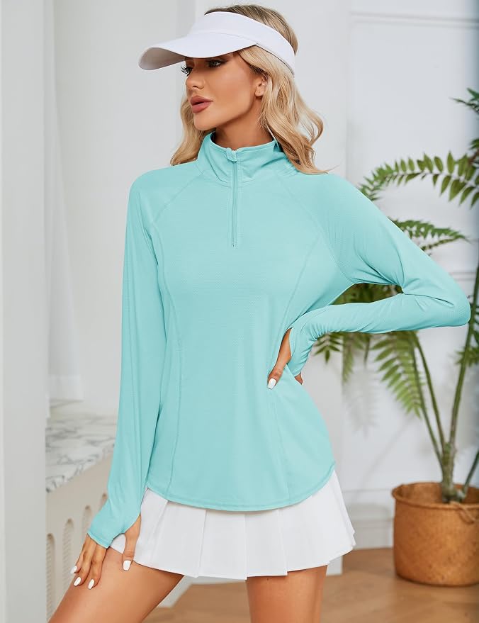 LOMON Women Long Sleeve Shirts Sun Protection 1/4 Zip Summer Quick Dry Hiking Shirts Quarter Zip Pullover for Women