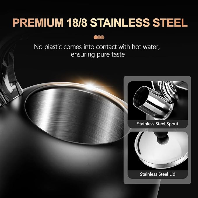 SUSTEAS Tea Kettle - 3.17QT Whistling Kettle with Ergonomic Handle - Premium Stainless Steel Tea Pots for Stove Top, Chic Vintage Teapot with Composite Base, Work for All Stovetops (Black)