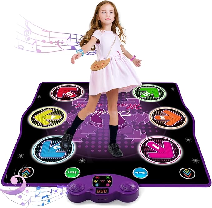 Ysityum Kids Dance Mat Toy with 2 Gesture-Sensing Wristbands - Wireless Bluetooth Light-Up 6-Key Electronic Dance Pad, 6 Games & Music Modes, Birthday Gift for Girls Boys