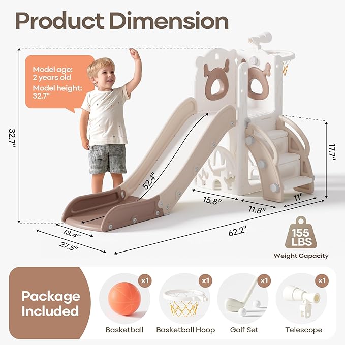 Mloong 7 in 1 Toddler Slide, Kids Slide for Toddlers Baby 1-3 Years Old, Indoor and Outdoor with Basketball Hoop Upgraded Golf for Kids Easy Assembly Elk Design(Beige & Rosy Brown)(28×62×39in)