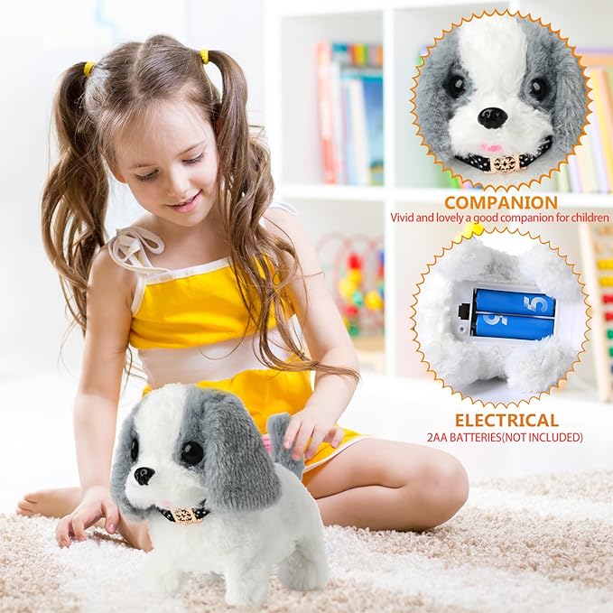 Electronic Interactive Plush Puppy - Battery Operated Mechanical Walking Little Pet Dog with a Cute Bag, Barking, Tail Wagging, Stretching Companion Animal for Toddlers & Kids (Grey)