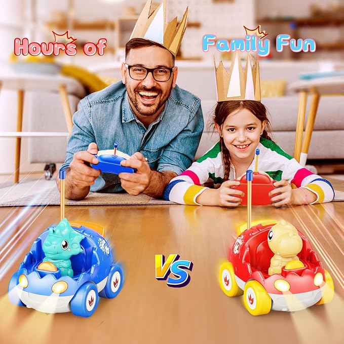2 Pack Dinosaur Remote Control Cars Toys for Kids 2 3 4 5 Years Old, Valentine's Day Birthday Gifts for Boys and Girls Ages 2-5, Dino Race Car Toddlers Toys with Music and Light(Red Blue)