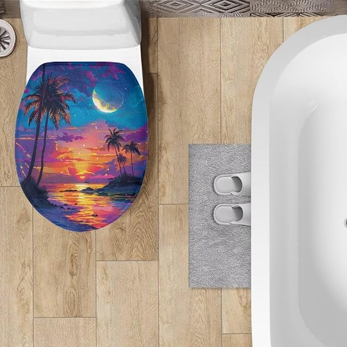Tropical Toilet Lid COver Elongated Coconut Tree Toilet Seat Cover Machine Washable Fuzzy Toilet Seat Cover Bathroom Decoration