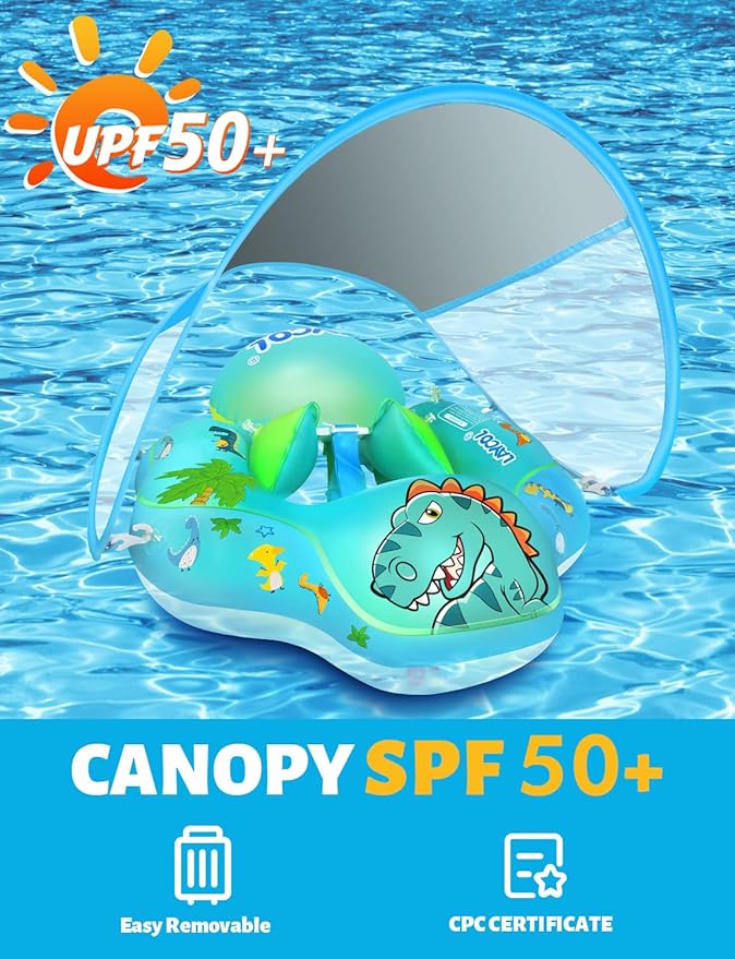 LAYCOL Baby Swimming Float Inflatable Baby Pool Float Ring with Sun Protection Canopy,add Tail no flip Over for Age of 3-36 Months