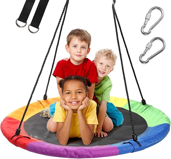 40 Inch Saucer Tree Swing for Kids, Outdoor Round Swing with Hanging Straps & Adjustable Ropes, Easy Assembly