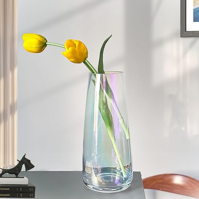 Aoderun Flower Vase Modern Home Decor Glass Vase for Bouquet 8.7" Centerpiece Decor Room Living Room Library Office Table Entryway Modern Farmhouse(Iridescent Clear)