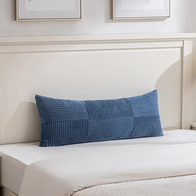 Fancy Homi Set of 2 Dusty Blue Boho Long Lumbar Body Decorative Throw Pillow Cover 14x36 Inch for Bed Couch Bedroom Bench, Soft Patchwork Corduroy Textured Pillow Case, Rustic Farmhouse Room Décor