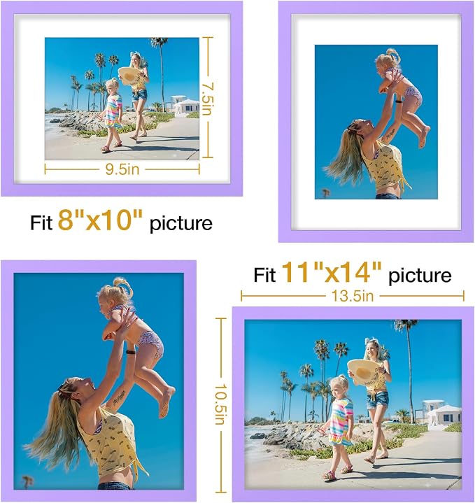 Vittanly 11x14 Picture Frames Set of 9 for Wall Mounting, Purple | Display Pictures 8x10 with Mat or 11x14 without Mat, Engineered Wood with Shatter Resistant Plexiglass, Gallery Photo Frames