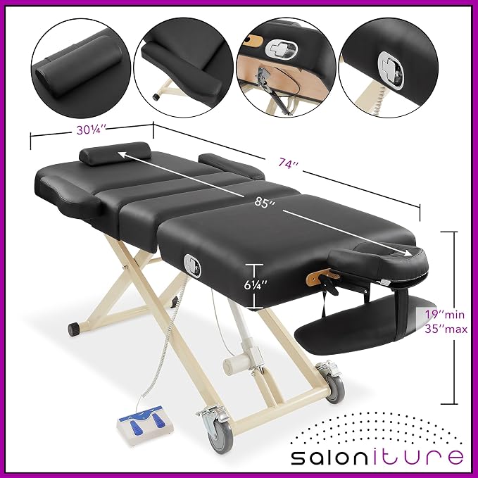 Saloniture Professional 4-Section Electric Lift Massage Table - Includes Armrest, Headrest, Face Cradle and Bolster - Black