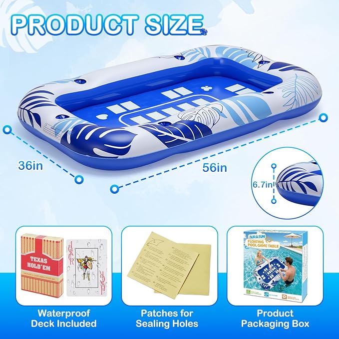 56IN Oversize Floating Card Game Table for Pool with Waterproof Cards - Inflatable Floating Card Table for Adults, Snack Drink Tray with Cup Holders, Hot Tub Lake Summer Beach Fun Accessories