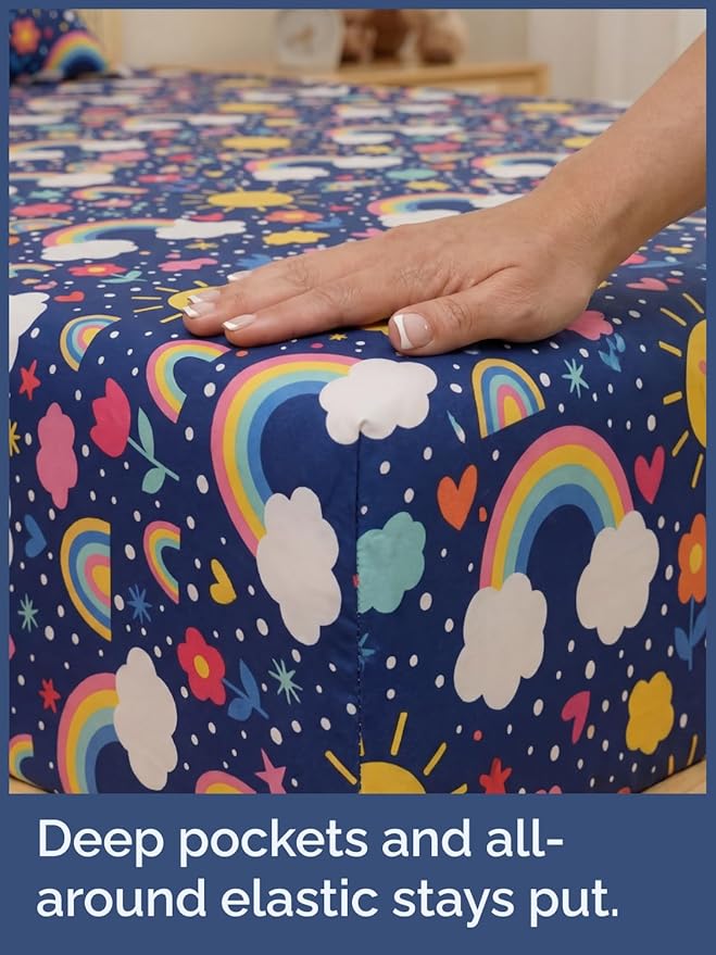 CGK Unlimited Kids Rainbow Sky Queen 4 Piece Sheet Set - Boys, Girls, Teens, Toddler - Easy Fit Deep Pockets - Soft, Cooling & Breathable Sheets - Cute, Cozy, Fade & Wrinkle Free - Machine Washable