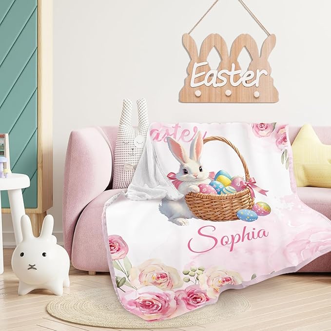 Ships Next Day - Personalized Baby Blanket with Name, Easter Bunny Blanket Gifts for Girls Boys, Custom Flannel Name Blanket, Personalized Easter Gifts for Kids Toddlers