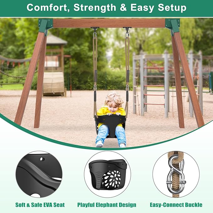 SELEWARE Heavy Duty Swing Set Brackets Kit with 2 Green A-Frame Swing Brackets, 4 Black Swing Hangers & 2 Black Swing Seats, Complete DIY Outdoor Playground Hardware for Backyard, Kids & Toddlers