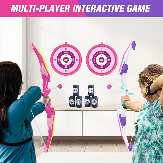 2 Pack Bow and Arrow for Kids, LED Light Up Archery Set with 24 Suction Cup Arrows, 2 Hanging Targets, 6 Score Targets & 2 Quiver, Indoor Outdoor Sport Toys for Girls Ages 4-12