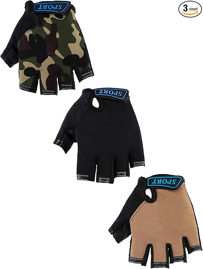 Boao 3 Pairs Kids Half Finger Bike Gloves Non-Slip Breathable Adjustable Birthday Gift for Boys Girls for Bike Workout