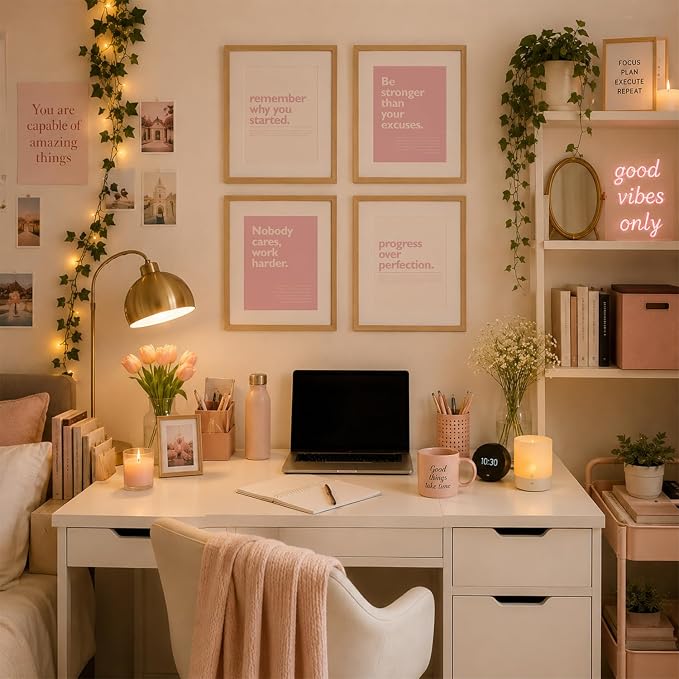 DSHFG Pink Motivational Inspirational Office Wall Art Decor Prints Set of 4 | Pink Motivational Wall Decor Trendy Retro Posters for Office Home Decor, Inspirational Posters Prints 8x10 Unframed