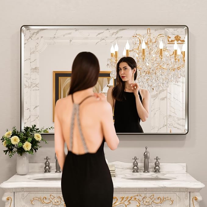 LOAAO 55X36 Inch Brushed Nickel Bathroom Mirror | Rounded Rectangle, Silver Metal Frame, Anti-Rust, Tempered Glass, Hangs Horizontally or Vertically