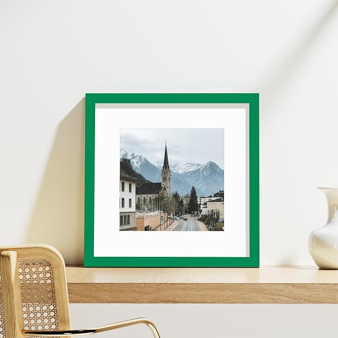 Vittanly 12x12 Picture Frames Set of 9 for Wall Mounting, Green | Display Pictures 8x8 with Mat or 12x12 without Mat for Wall Mounting, Square Photo Frames for Home Decor, Engineered Wood
