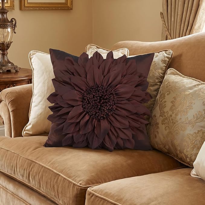 Brown Accent 3D Flower Decorative Throw Pillow Covers for Bed Sofa Couch | Bella's Giftshop Handmade Sunflower Taffeta Pillow Cases Living Room Bedroom Decor, 18x18 Inch