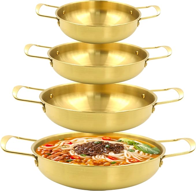 4 Sizes Korean Ramen Pot,Stainless Steel Noodle Cooking Pots for Stove,Gold | Golden Ramen Cooker with Handles for Pasta Soup, Fast Heating Everyday Pan for Home Outdoor Use